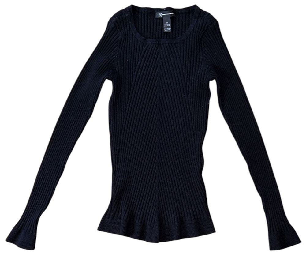 INC International Concepts Ribbed Scoop Neck Long-Sleeve Black Top Medium
